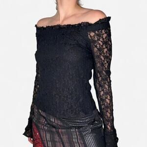 Black lace off the shoulder top long sleeves ruffle vintage whimsygoth goth Y2K